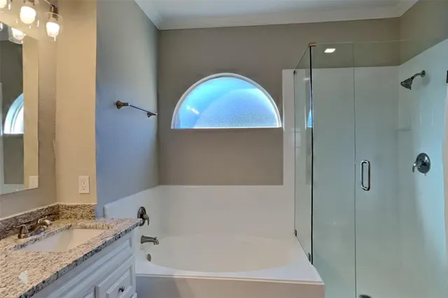 a bathroom with a granite countertop bathtub shower sink and mirror