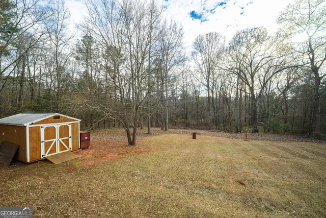 a view of a backyard with trees