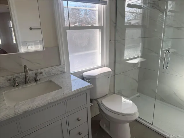 a bathroom with a sink a toilet and shower