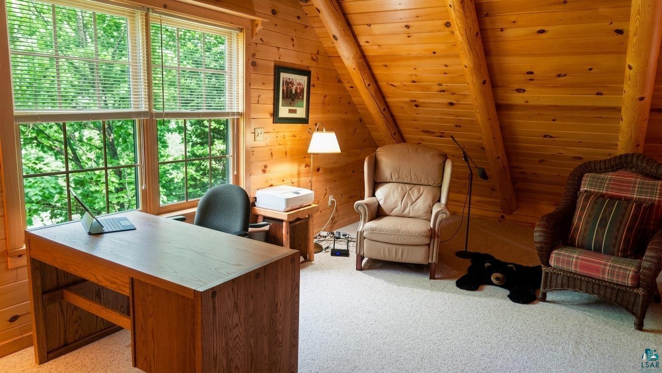 2357 Retreat Lodge Road Cook, MN 55723 - Photo 23 of 61 Office with carpet floors, a wood ceiling with exposed beams, and wood walls