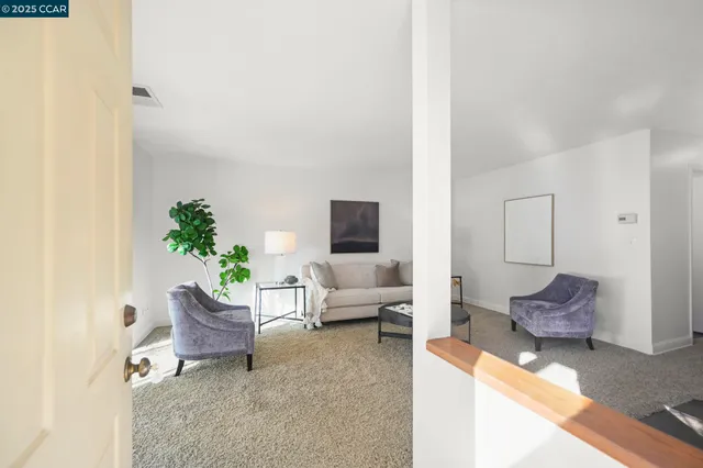 a living room with furniture and a potted plant