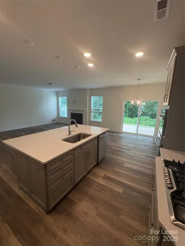 a kitchen with a sink cabinets and wooden floor