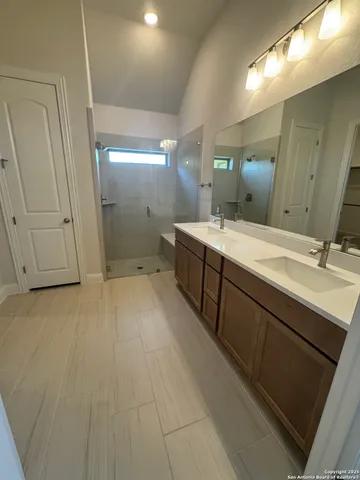 a bathroom with a sink mirror and a shower