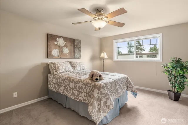a bedroom with a large bed and a window