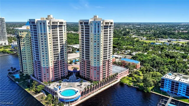 a city view with tall buildings