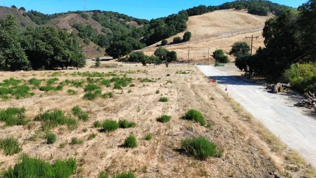 a view of a yard with snow on the road