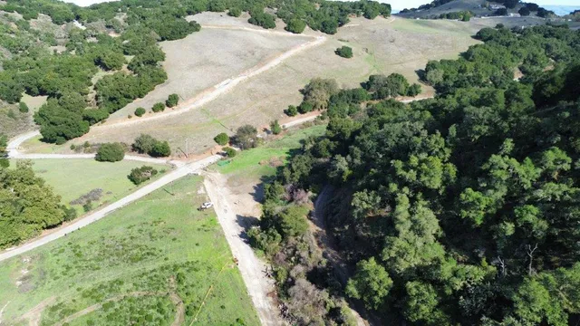 an aerial view of a house with a yard and trees