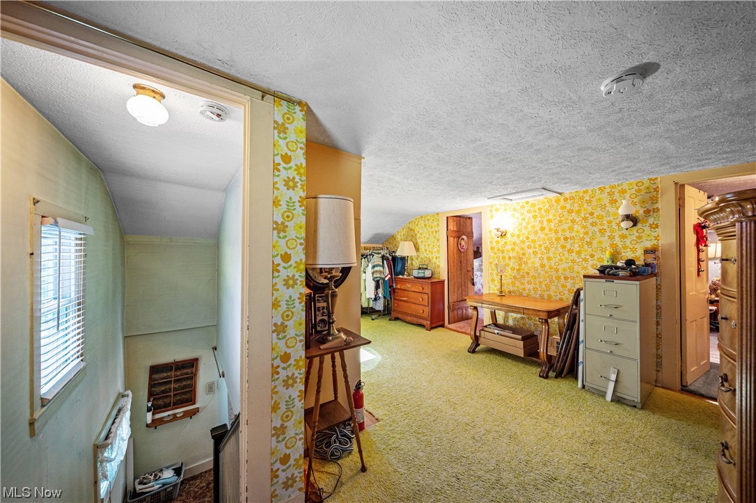 6863 Barrett Road Geneva, OH 44041 - Photo 20 of 35 Hall with light colored carpet, a textured ceiling, and vaulted ceiling