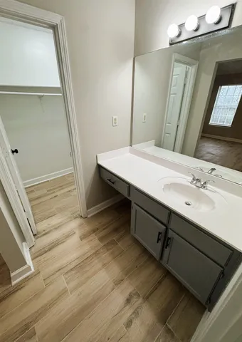 a bathroom with a sink a mirror and a toilet