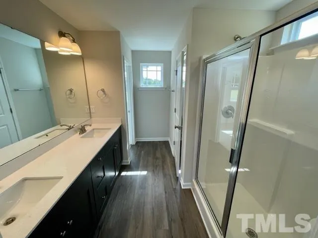 a bathroom with a sink a mirror and a shower