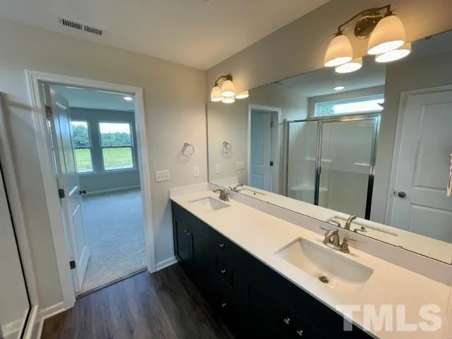 a bathroom with a double vanity sink a mirror and a shower