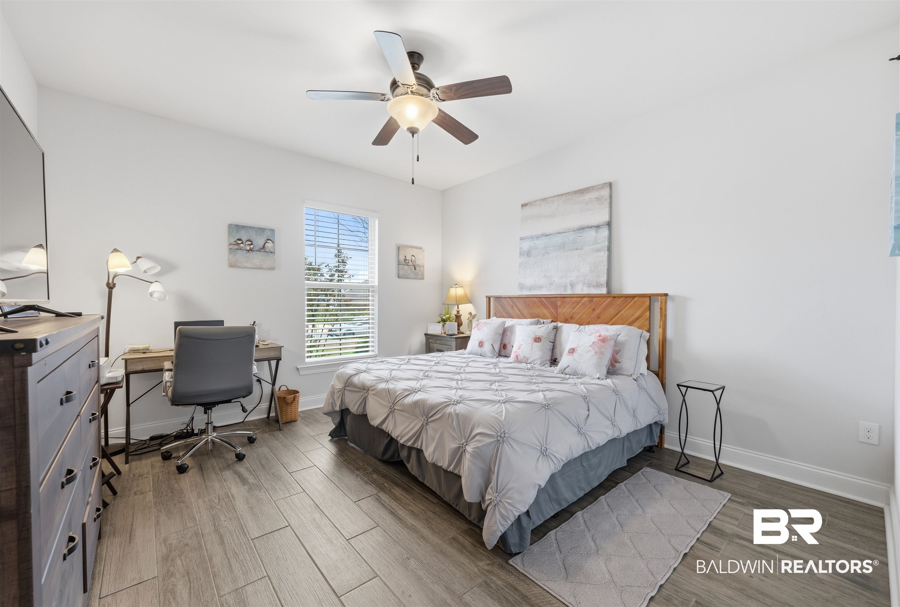 22512 Putter Lane Foley, AL 36535 - Photo 9 of 27 Bedroom with wood tiled floors, a desk, and a ceiling fan