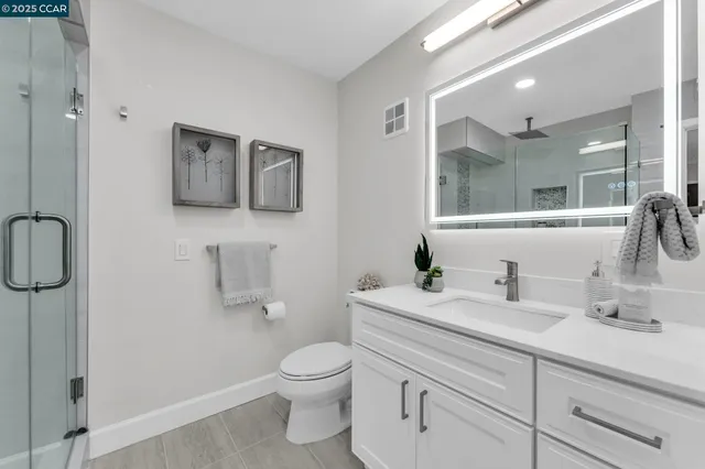 a bathroom with a shower and a toilet