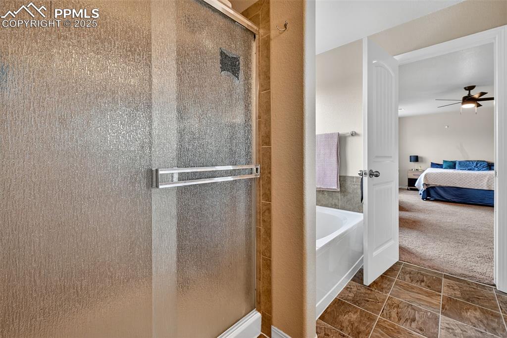 10859 Hidden Ridge Circle Peyton, CO 80831 - Photo 24 of 33 Ensuite bathroom with a shower stall, a garden tub, and ceiling fan