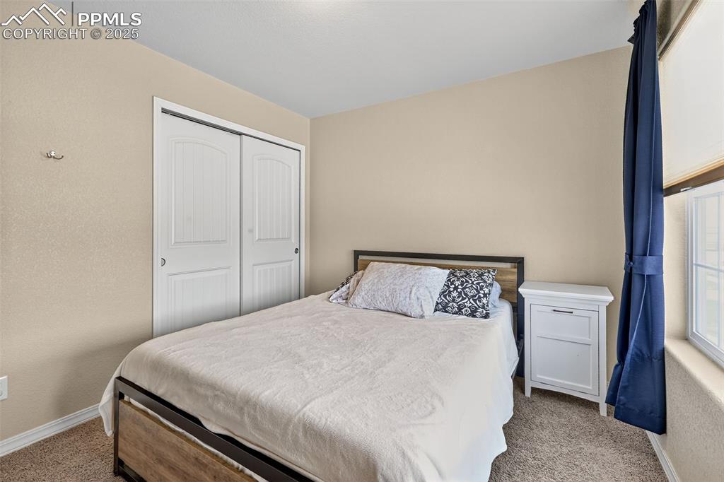 10859 Hidden Ridge Circle Peyton, CO 80831 - Photo 29 of 33 Bedroom with carpet flooring, a closet, and a textured wall