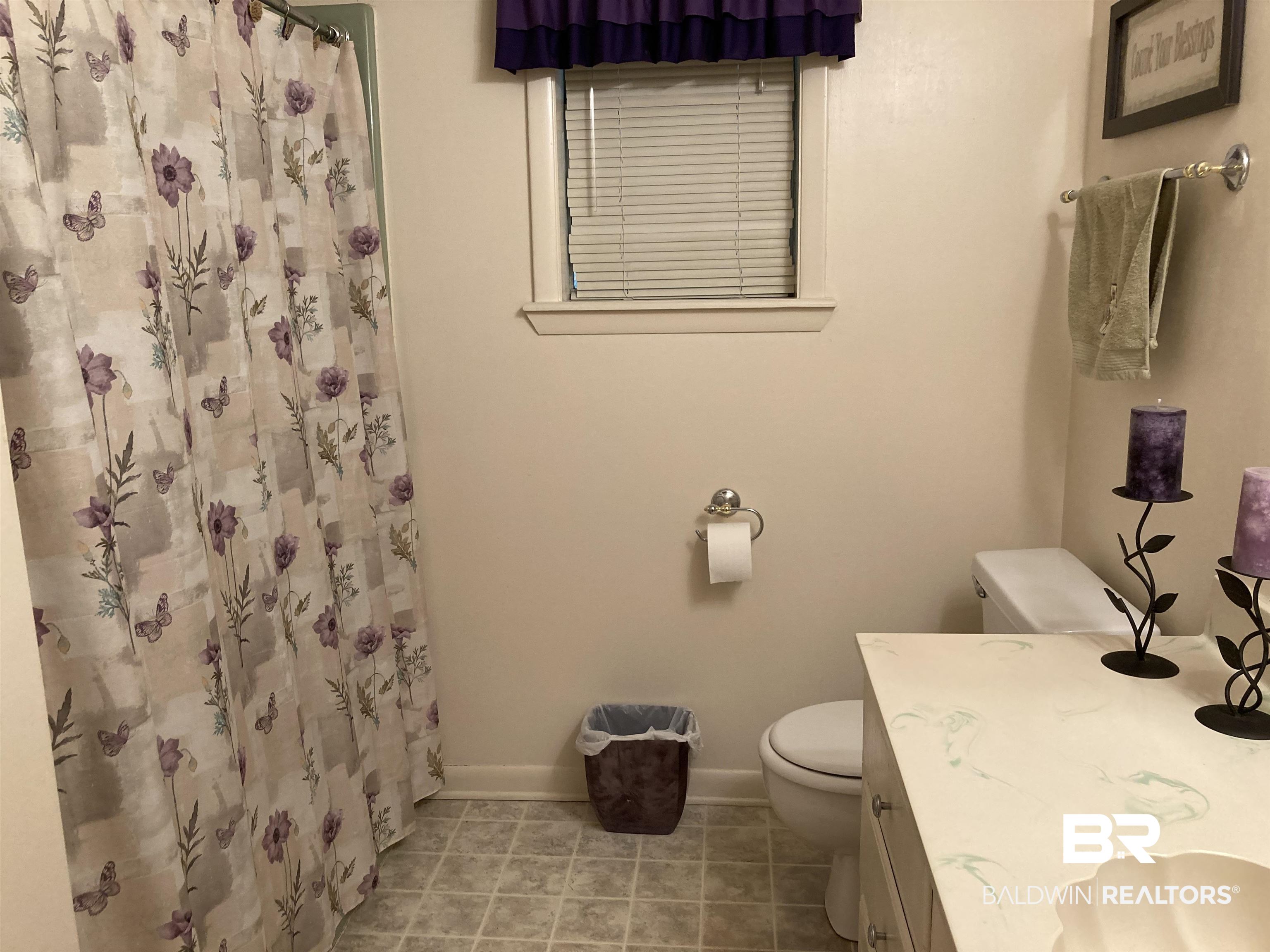 6151 Meadows Road Walnut Hill, FL 32568 - Photo 20 of 29 Bathroom featuring tile patterned flooring, vanity, curtained shower, and toilet