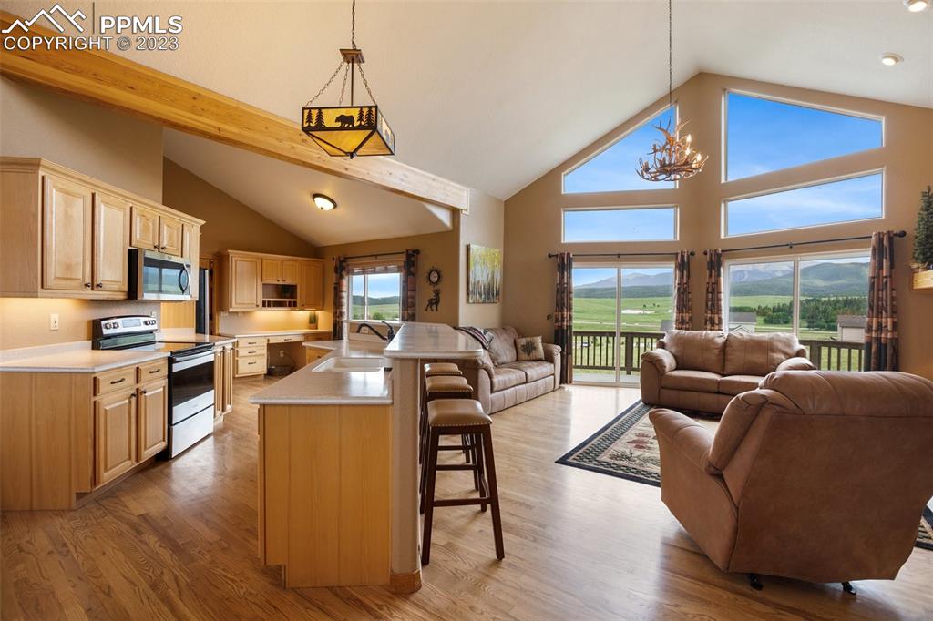 113 Matthew Road Divide, CO 80814 - Photo 6 of 49 a living room with stainless steel appliances granite countertop furniture wooden floor and a large window
