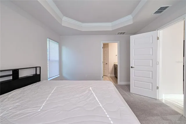 a bedroom with a bed and a walk in closet