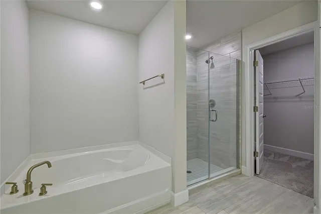 a bathroom with a bathtub and a shower