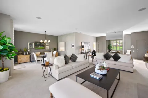 a living room with furniture kitchen view and a potted plant