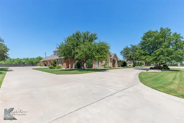 a view of a park with large trees