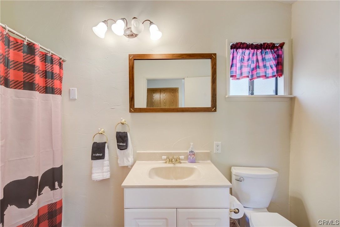1017 Burnt Mill Road Lake Arrowhead, CA 92352 - Photo 18 of 32 a bathroom with a toilet sink and mirror