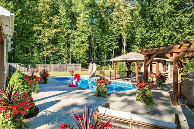 an outdoor space with seating