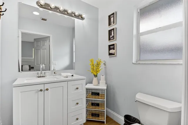 a bathroom with a sink a toilet and mirror