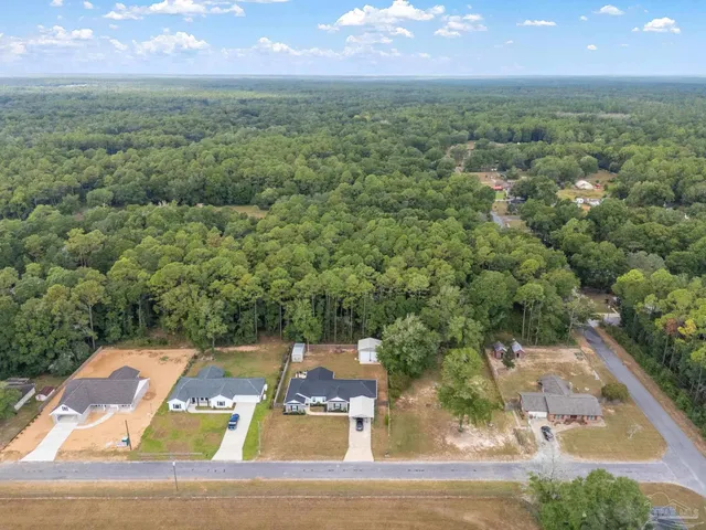 an aerial view of residential houses with outdoor space and trees
