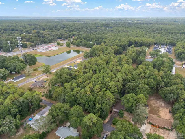 an aerial view of residential houses with outdoor space and trees