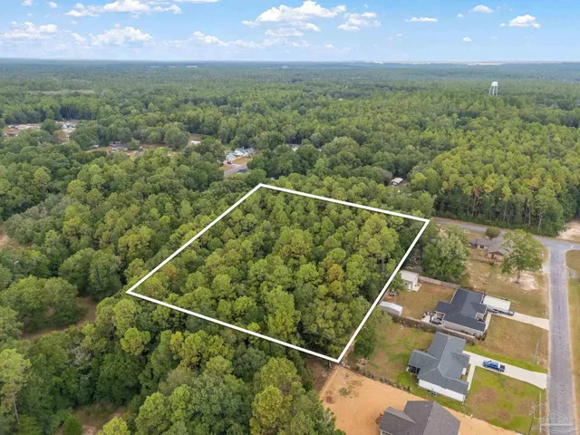 an aerial view of residential houses with outdoor space and trees