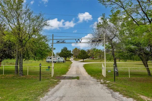 a view of a park with large trees