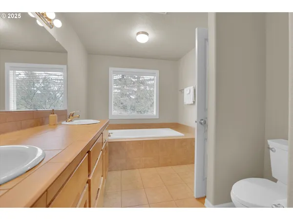 a bathroom with a sink toilet vanity and tub