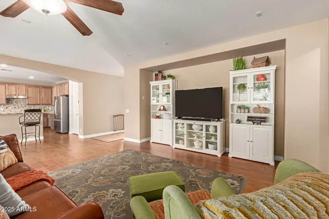 a living room with furniture a flat screen tv and a potted plant