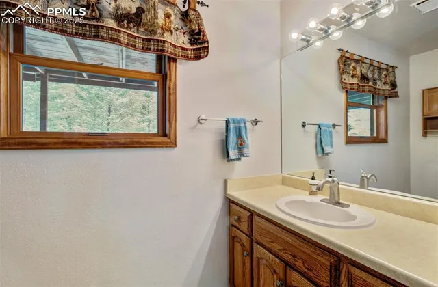 a bathroom with a sink a vanity and a large mirror