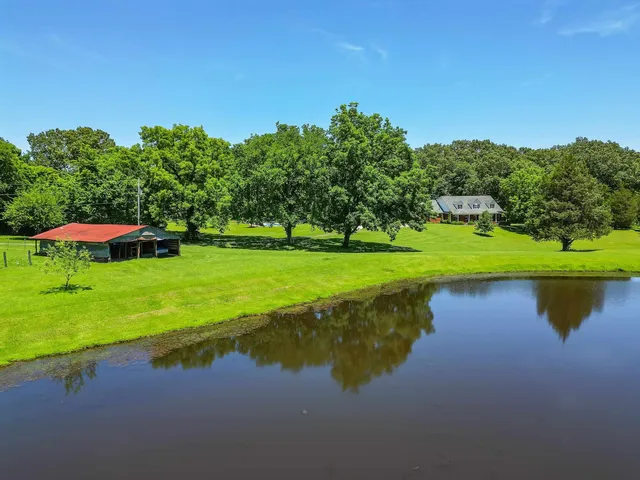 a view of a lake with a yard and large trees