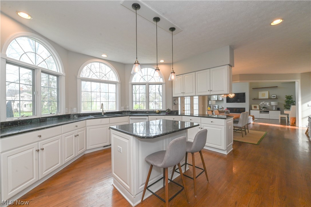 1688 Sheridan Road South Euclid, OH 44121 - Photo 11 of 48 Kitchen with a kitchen island, hardwood / wood-style flooring, white cabinets, and decorative light fixtures