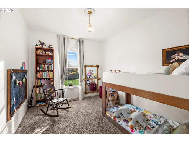 a bedroom with furniture and a book shelf