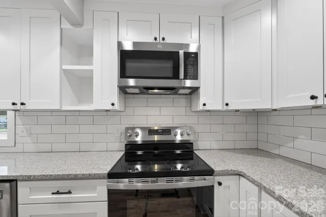 a kitchen with a stove and a microwave