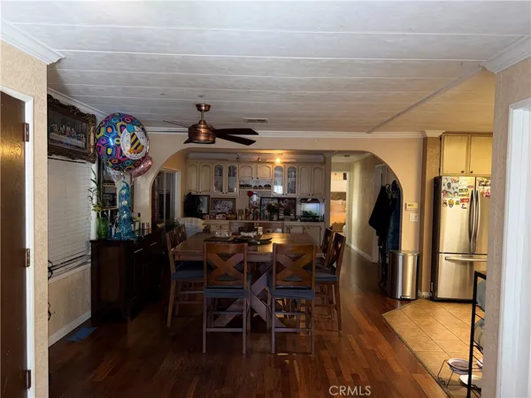 a view of a dining room with furniture