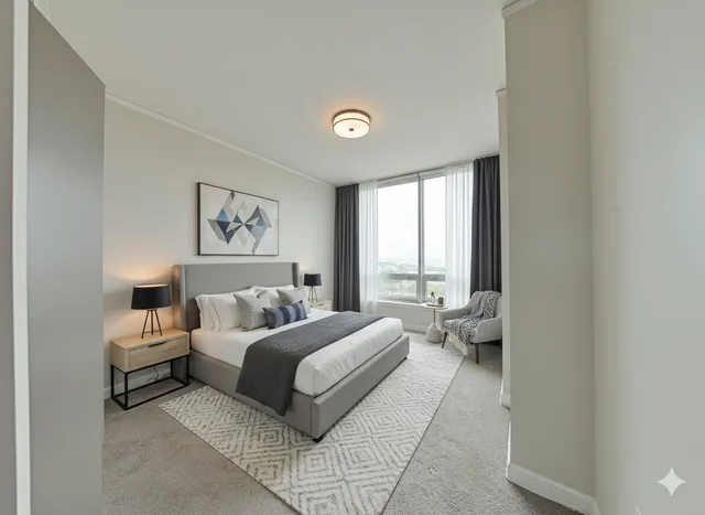 a bedroom with a bed and a large window