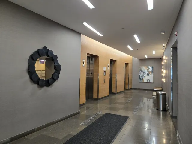 a view of hallway with a large mirror and a rug