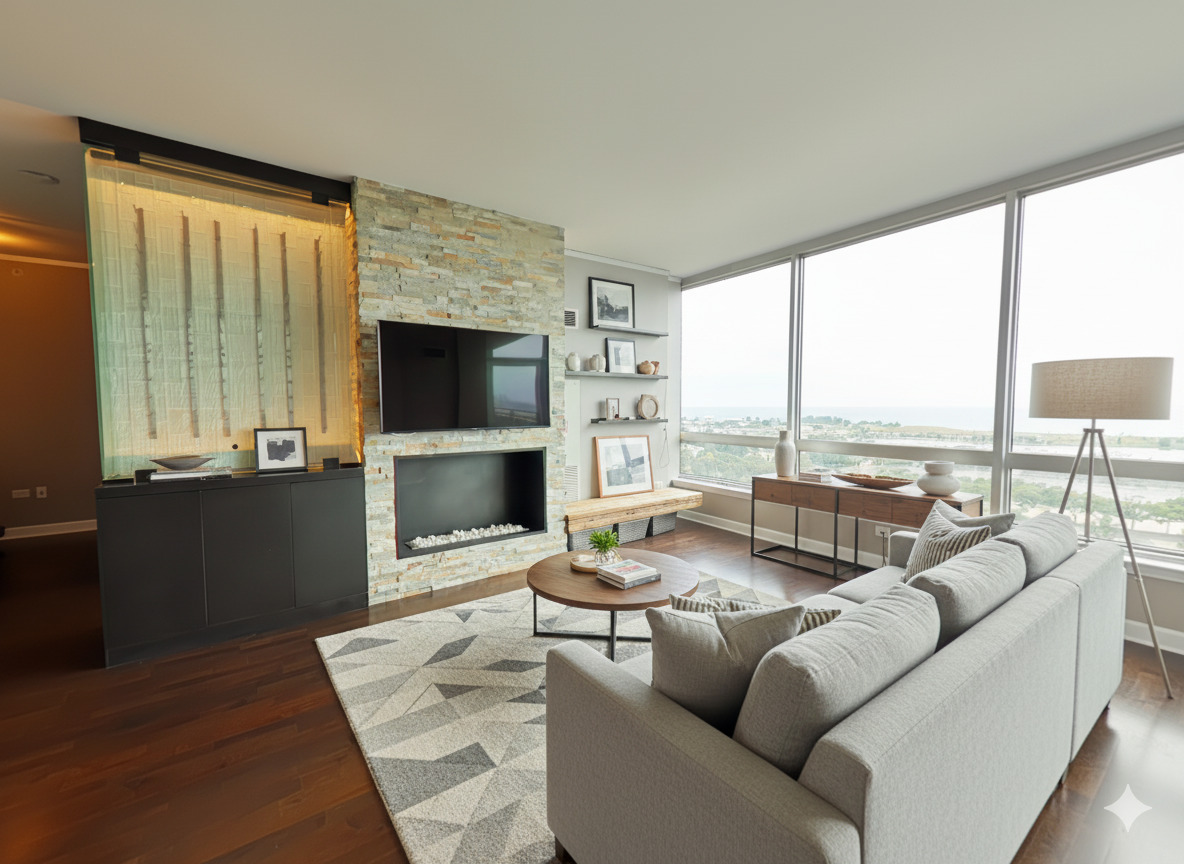 1901 South Calumet Avenue, Unit 1405 Chicago, IL 60616 - Photo 7 of 20 a living room with fireplace furniture and a large window