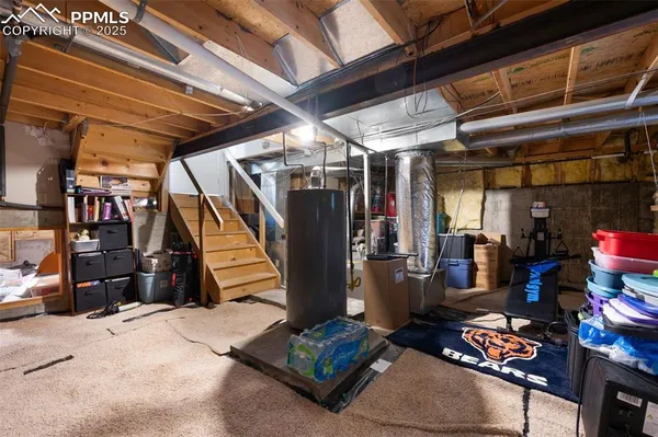 a view of a storage room with shelves