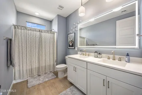 a bathroom with a double vanity sink toilet and a mirror