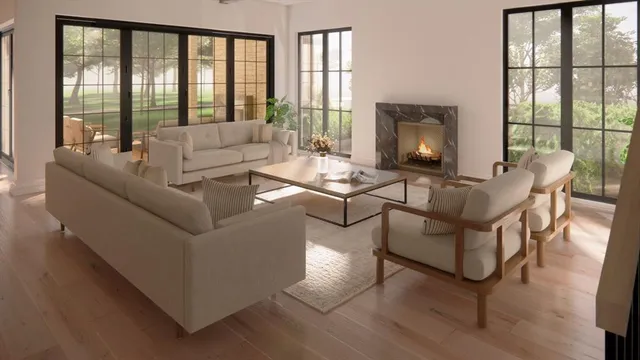 a living room with furniture and a floor to ceiling window