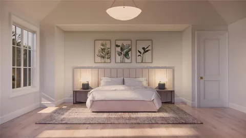 a bedroom with a bed and painting on the wall