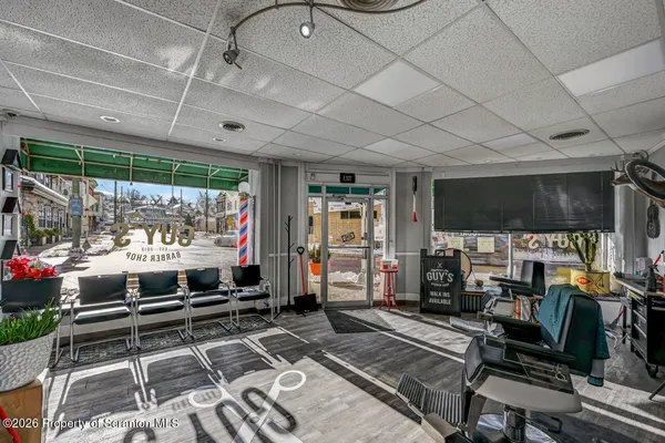 a view of a dining room with furniture