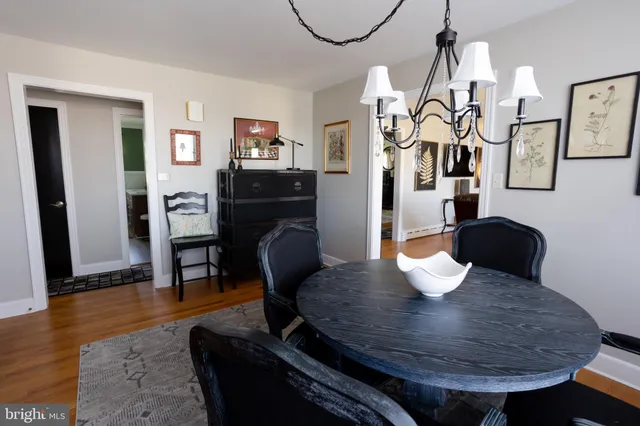 a dining room with furniture and wooden floor