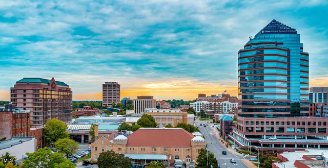 a city view with tall buildings